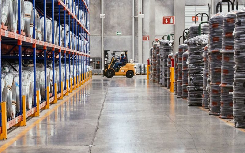 Forklift operating in an industrial parts warehouse
